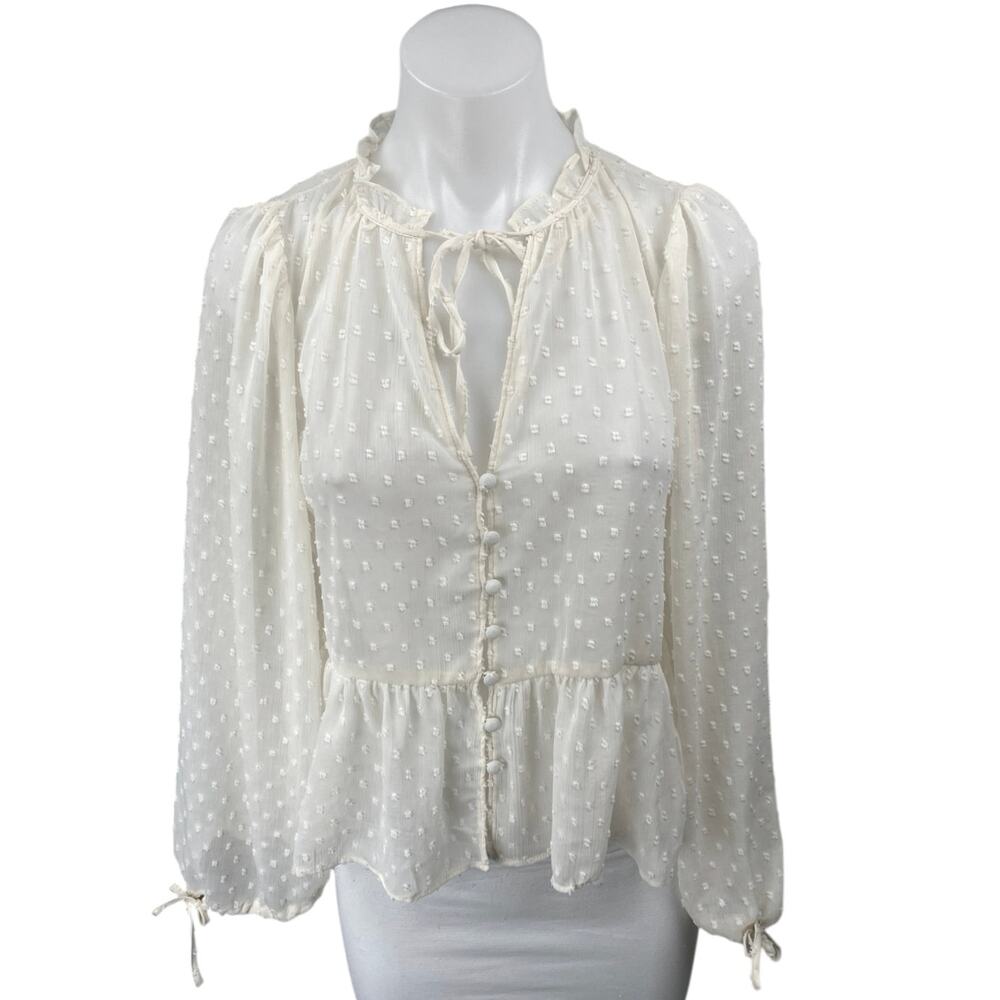 Zara White Long Sleeve Swiss Dot Button Down Ruffle Peplum Blouse Top Size XS